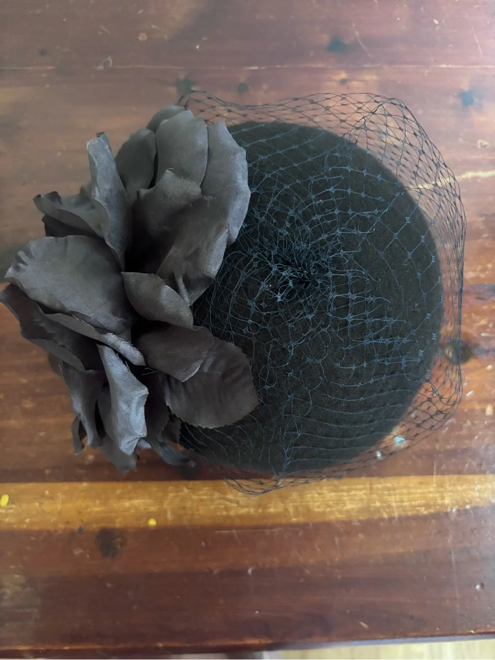 Vintage Chocolate Brown and Plum Veiled Pillbox Fascinator with Oversized Flower